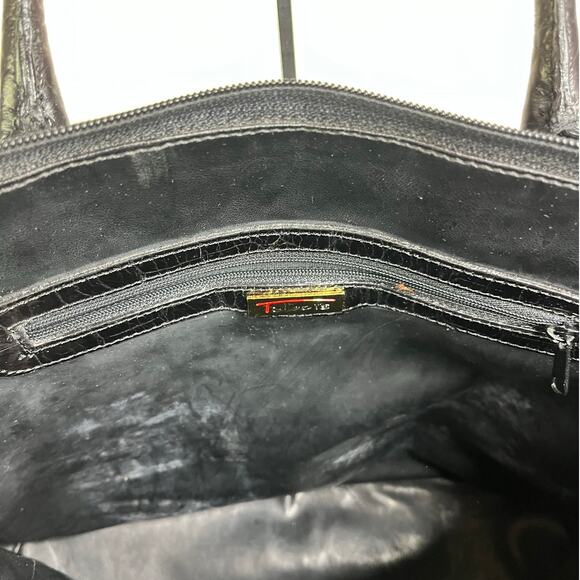 Talbots Handbag Womens Black Faux Crocodile Skin Gold Trim Old Money Classic - Picture 7 of 8